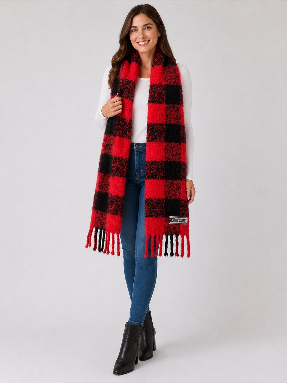 Victoria's Secret Red & Black Plaid Fringe Scarf